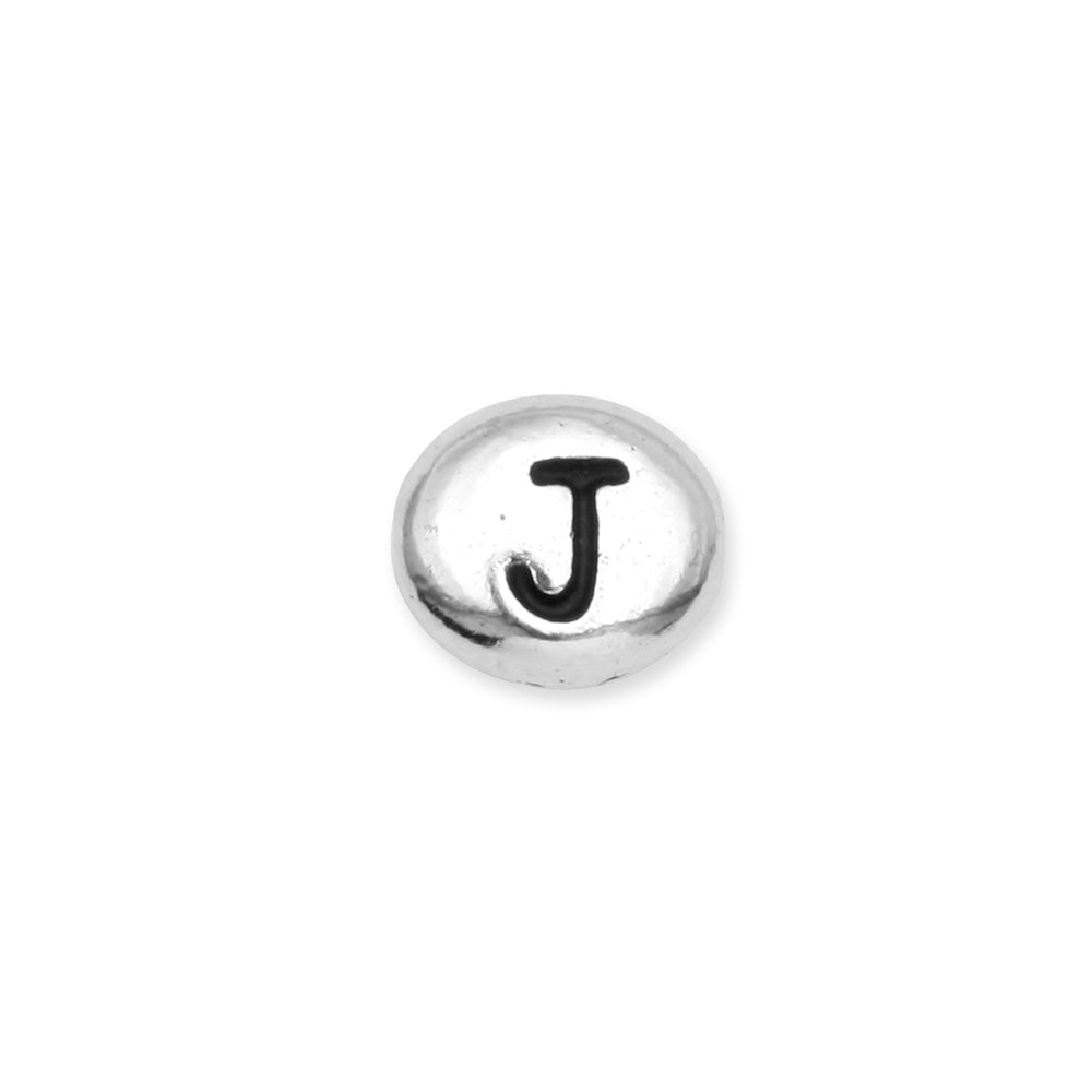 Metal Bead, Oval Alphabet "Letter J" 6.5x6mm, Antiqued White Bronze Plated, by TierraCast (1 Piece)