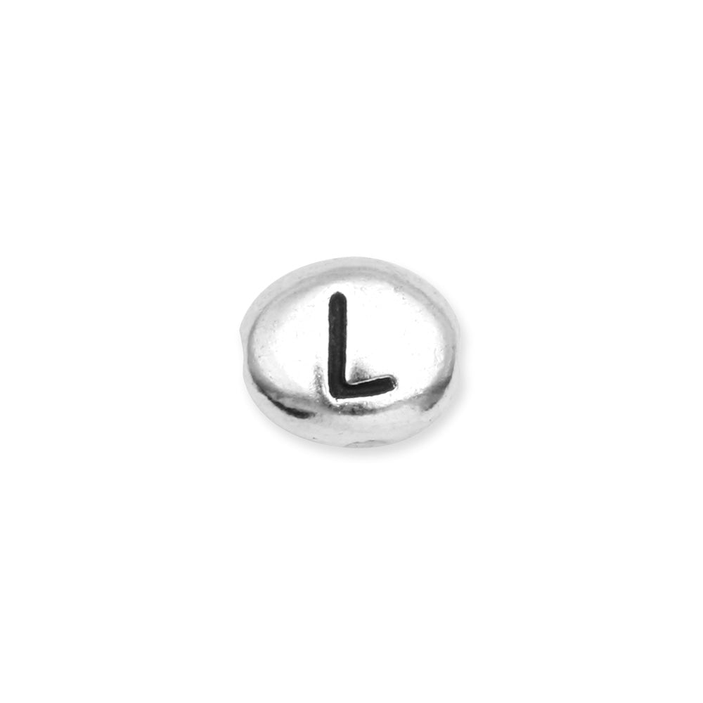 Metal Bead, Oval Alphabet "Letter L" 6.5x6mm, Antiqued White Bronze Plated, by TierraCast (1 Piece)