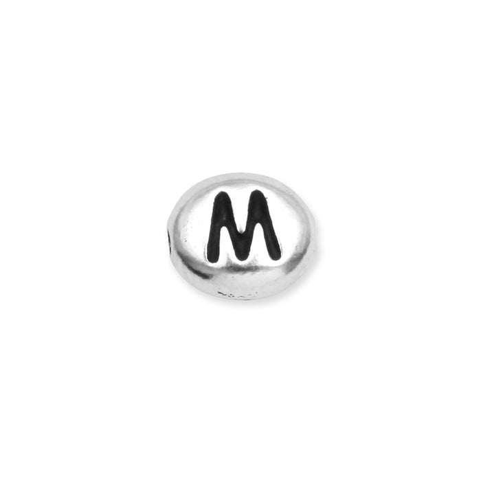Metal Bead, Oval Alphabet "Letter M" 6.5x6mm, Antiqued White Bronze Plated, by TierraCast (1 Piece)