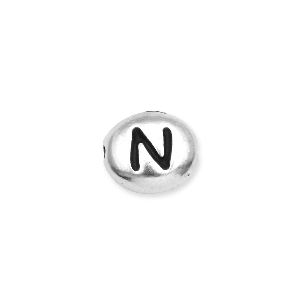 Metal Bead, Oval Alphabet "Letter N" 6.5x6mm, Antiqued White Bronze Plated, by TierraCast (1 Piece)