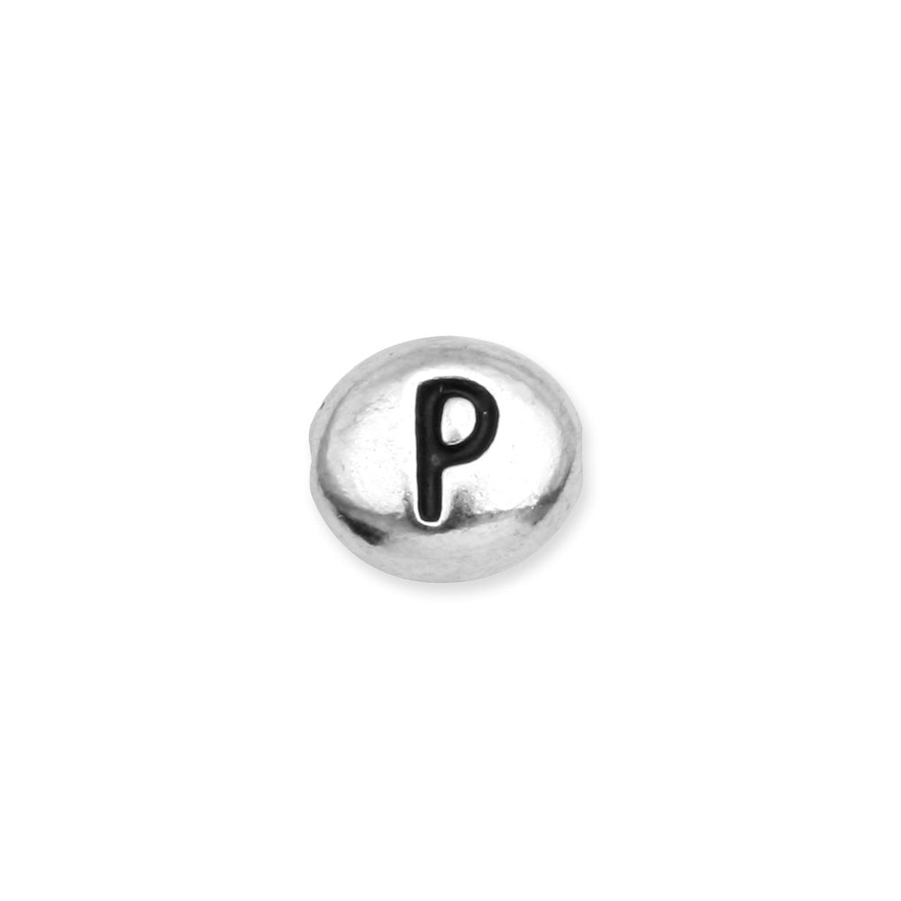 Metal Bead, Oval Alphabet "Letter P" 6.5x6mm, Antiqued White Bronze Plated, by TierraCast (1 Piece)