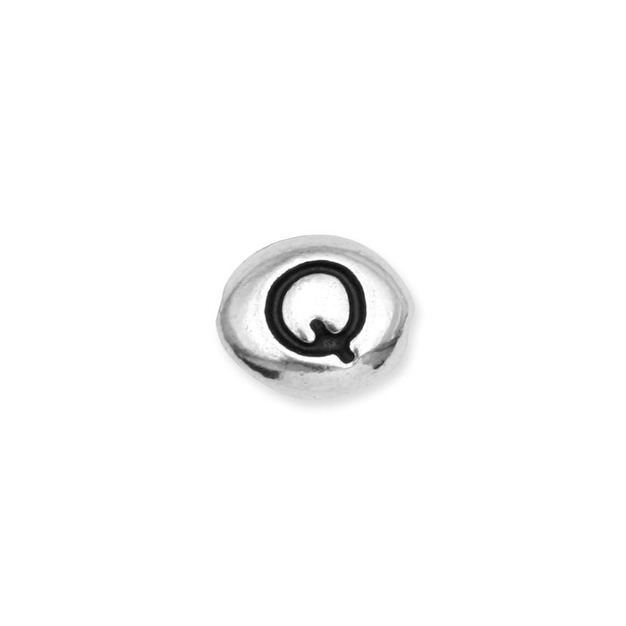 Metal Bead, Oval Alphabet "Letter Q" 6.5x6mm, Antiqued White Bronze Plated, by TierraCast (1 Piece)