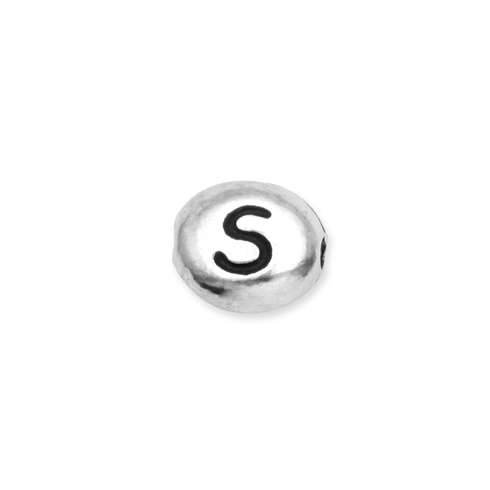 Metal Bead, Oval Alphabet "Letter S" 6.5x6mm, Antiqued White Bronze Plated, by TierraCast (1 Piece)