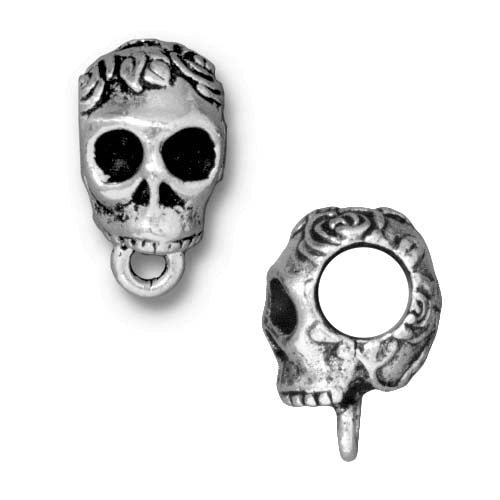 TierraCast Fine Silver Plated Pewter Large 6mm Hole Skull With Roses Bail - European Style Bead (2 Pieces)