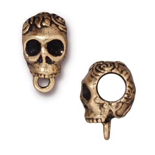 TierraCast 22K Gold Plated Pewter Large 6mm Hole Skull With Roses Bail - European Style Bead (2 Pieces)