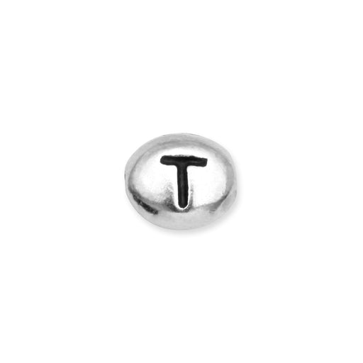 Metal Bead, Oval Alphabet "Letter T" 6.5x6mm, Antiqued White Bronze Plated, by TierraCast (1 Piece)
