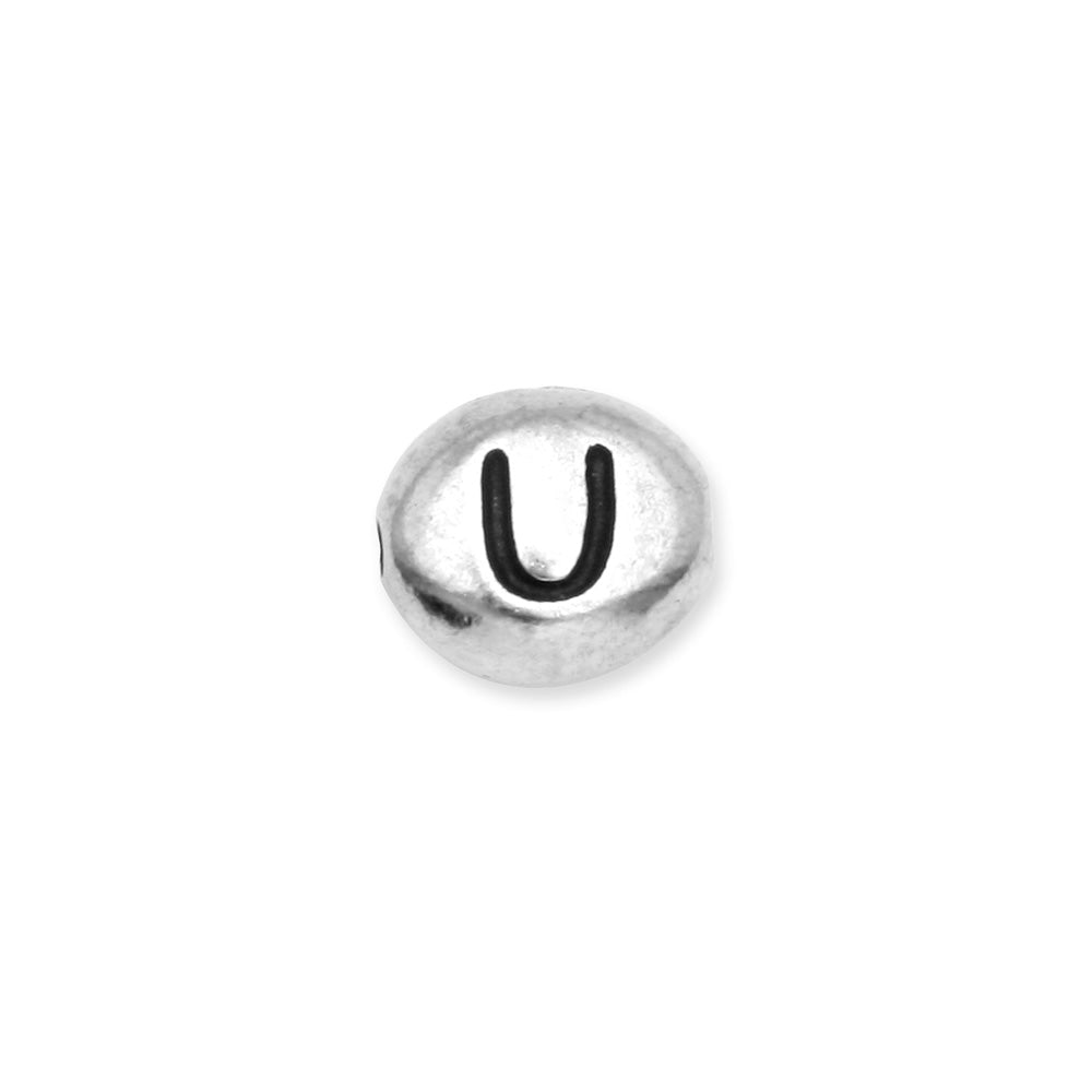Metal Bead, Oval Alphabet "Letter U" 6.5x6mm, Antiqued White Bronze Plated, by TierraCast (1 Piece)