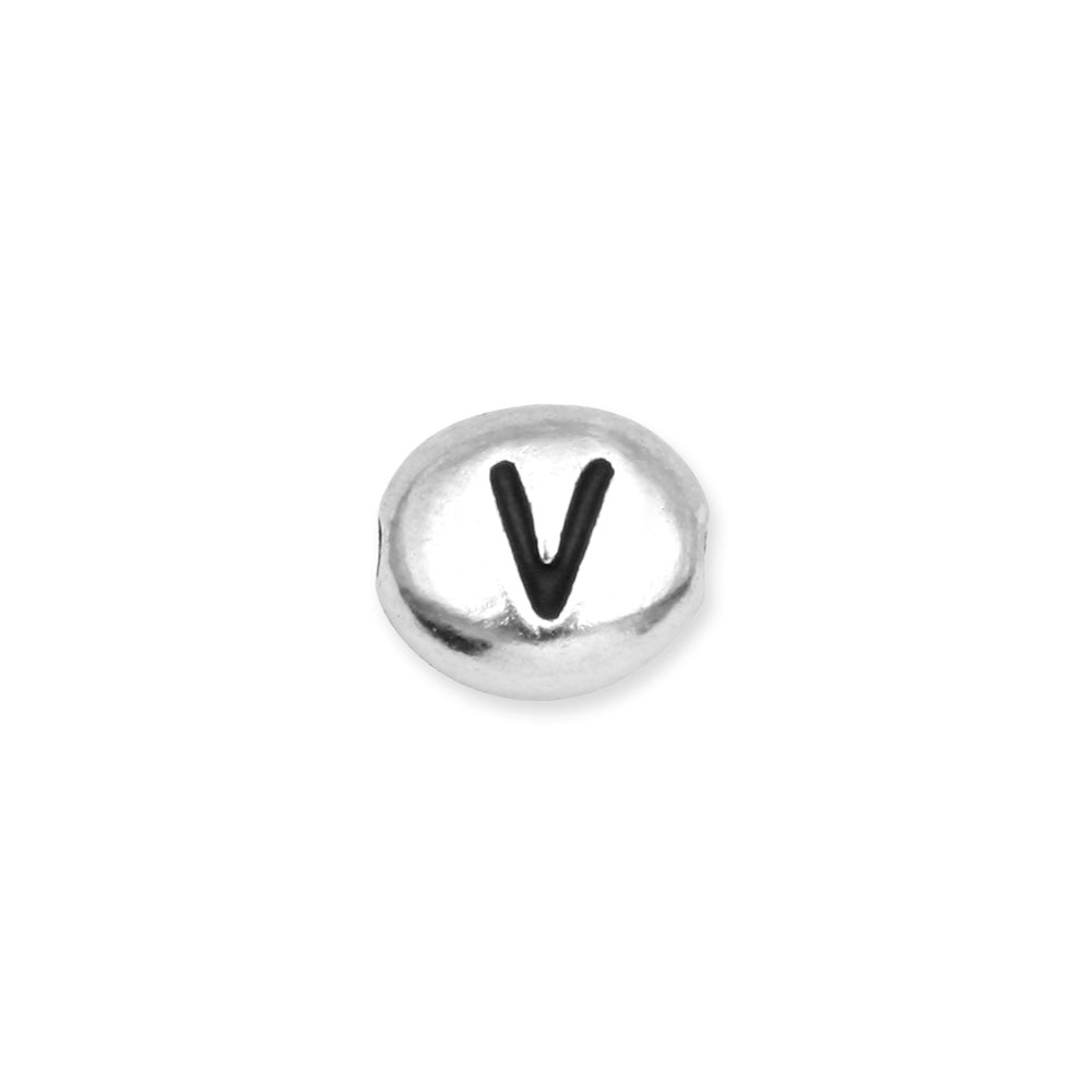Metal Bead, Oval Alphabet "Letter V" 6.5x6mm, Antiqued White Bronze Plated, by TierraCast (1 Piece)