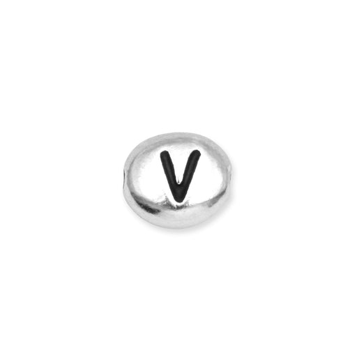 Metal Bead, Oval Alphabet "Letter V" 6.5x6mm, Antiqued White Bronze Plated, by TierraCast (1 Piece)