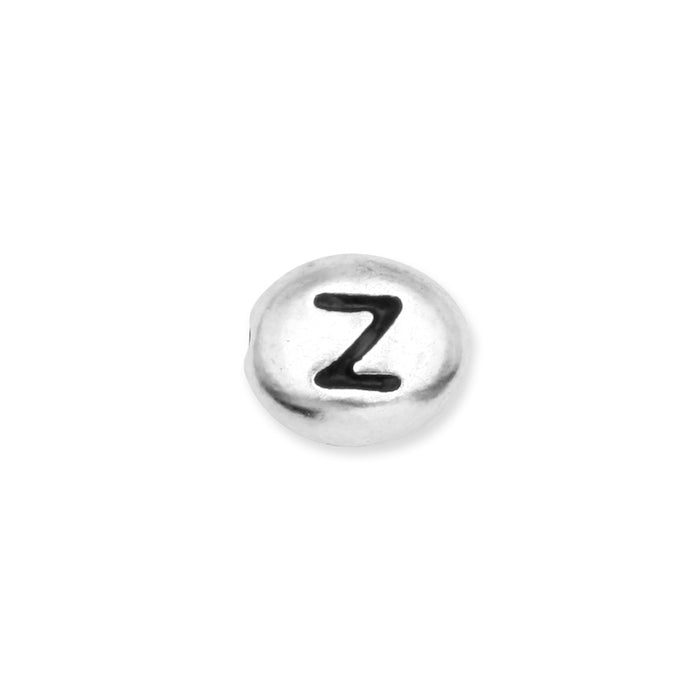 Metal Bead, Oval Alphabet "Letter Z" 6.5x6mm, Antiqued White Bronze Plated, by TierraCast (1 Piece)
