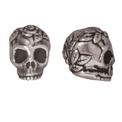 TierraCast Fine Silver Plated Pewter Skull With Roses Beads 10mm (2 Pieces)