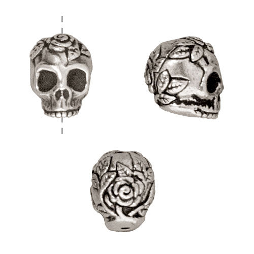 TierraCast Fine Silver Plated Pewter Skull With Roses Beads 10mm (2 Pieces)