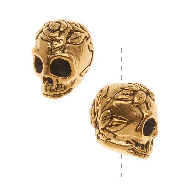 TierraCast 22K Gold Plated Pewter Skull With Roses Beads 10mm (2 Pieces)