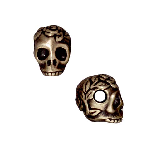 TierraCast Brass Oxide Finish Pewter Skull With Roses Side Drill Spacer Bead 10mm (1)