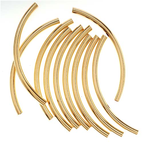 22K Gold Plated Long Curved Noodle Tube Beads 3mm x 50mm (10 pcs)