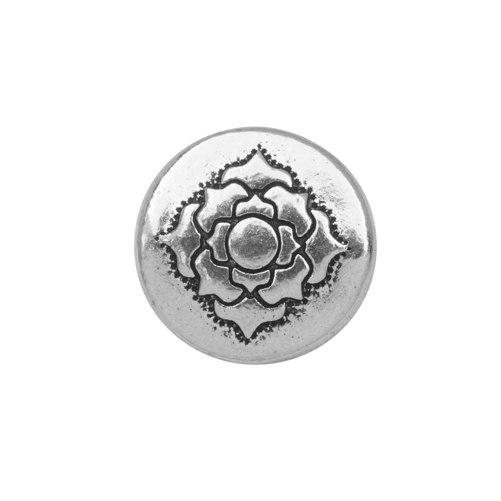 TierraCast Bead, Puffed Coin with Lotus Design 4x13.5mm Antiqued Silver Plated (2 Pieces)
