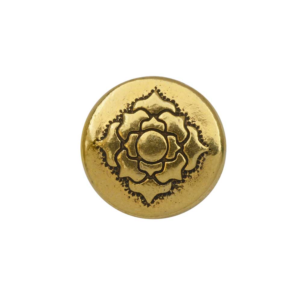 TierraCast Bead, Puffed Coin with Lotus Design 4x13.5mm Antiqued Gold Plated (2 Pieces)