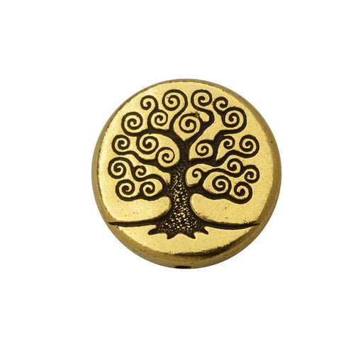 TierraCast Bead, Puffed Coin w/ Tree of Life Design 15x3mm Gold Plated (2 Pieces)