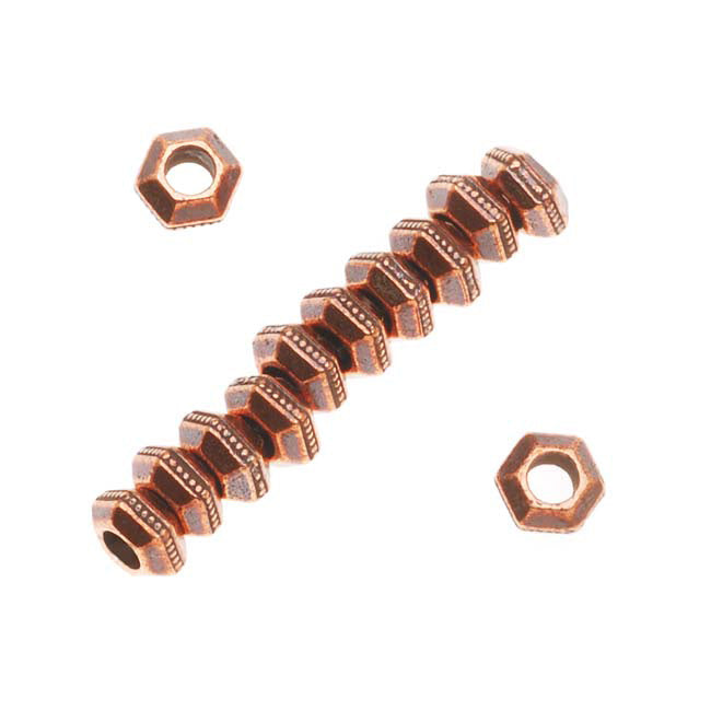 Metal Spacer Bead, Faceted Hexagon 5mm , Antiqued Copper Plated, By TierraCast (12 Pieces)