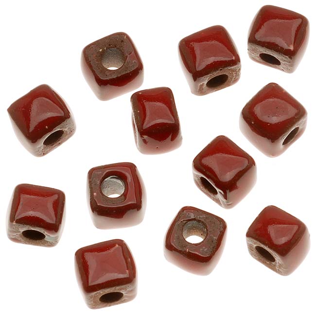 Clay River Designs Porcelain Beads, 6mm Glazed Puff Square Spacer, Opaque Red (12 Pieces)