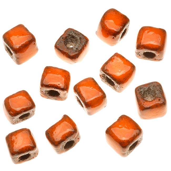 Clay River Designs Porcelain Beads, 6mm Glazed Square Spacer, 12 Pcs, Tangerine (12 Pieces)