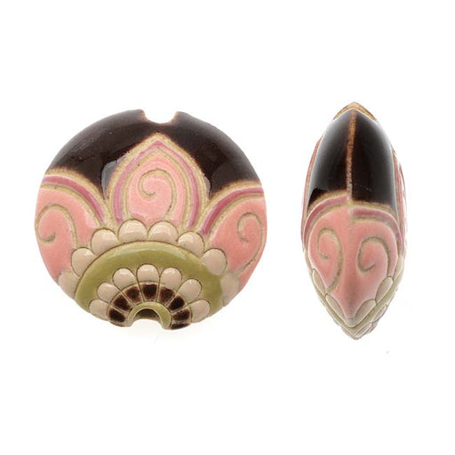 Golem Design Studio Ceramic Beads, 23mm Glazed Lentil Abstract Flower, Multi Color (2 Pieces)