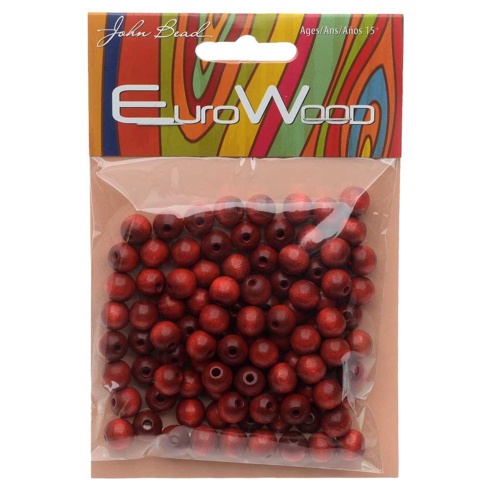 EuroWood Natural Wood Beads, Round 8mm Diameter, 100 Pieces, Red