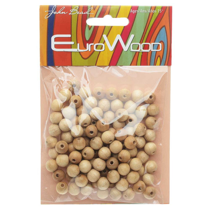 EuroWood Natural Wood Beads, Round 8mm Diameter, Natural (100 Pieces)