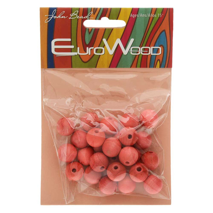EuroWood Natural Wood Beads, Round 12mm Diameter, Pink (25 Pieces)
