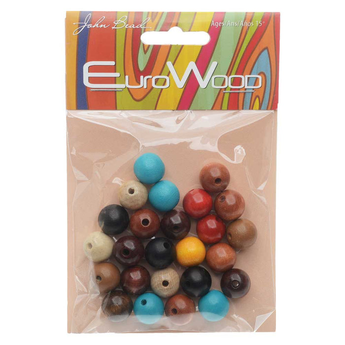 EuroWood Natural Wood Beads, Round 12mm Diameter, 25 Pieces, Multi-Colored
