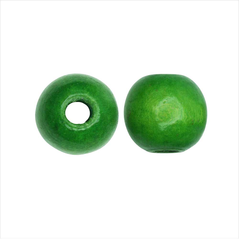 Dyed Wood Beads, Smooth Large Hole Round 14mm, Green (20 Pieces)
