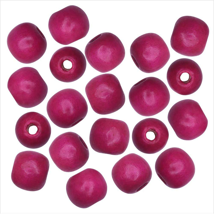 Dyed Wood Beads, Smooth Large Hole Round 14mm, Fuchsia Pink (20 Pieces)