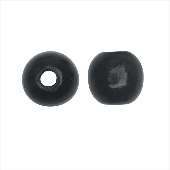 Dyed Wood Beads, Smooth Large Hole Round 14mm, Black (20 Pieces)