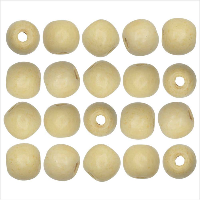 Dyed Wood Beads, Smooth Large Hole Round 14mm, White (20 Pieces)