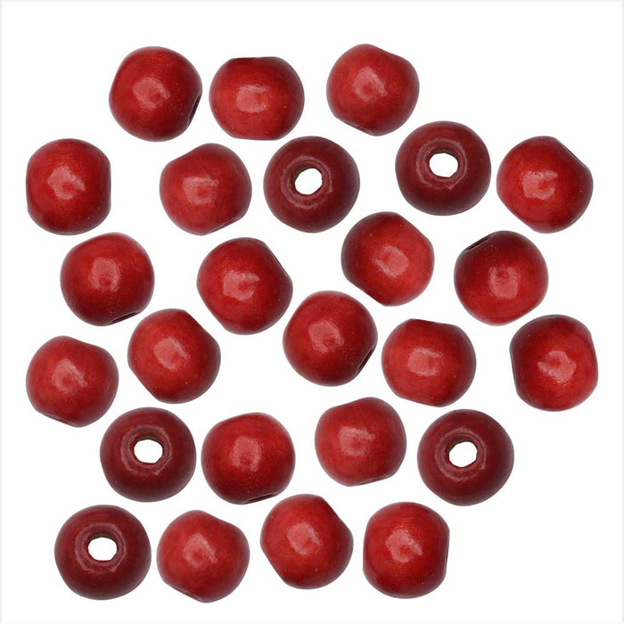 Dyed Wood Beads, Smooth Large Hole Round 12mm, Red (25 Pieces)