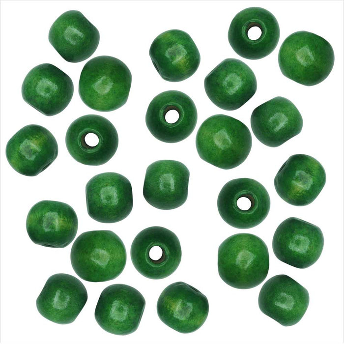 Dyed Wood Beads, Smooth Large Hole Round 12mm, Green (25 Pieces)