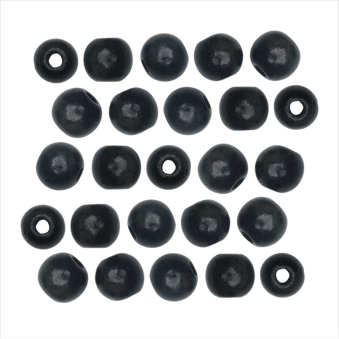 Dyed Wood Beads, Smooth Large Hole Round 12mm, Black (25 Pieces)