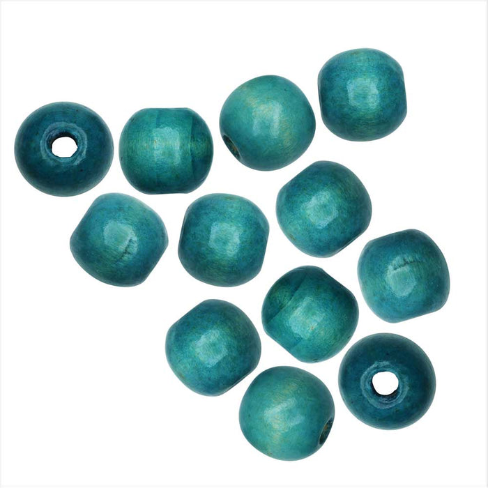 Dyed Wood Beads, Smooth Large Hole Round 16mm, Dark Cyan (12 Pieces)
