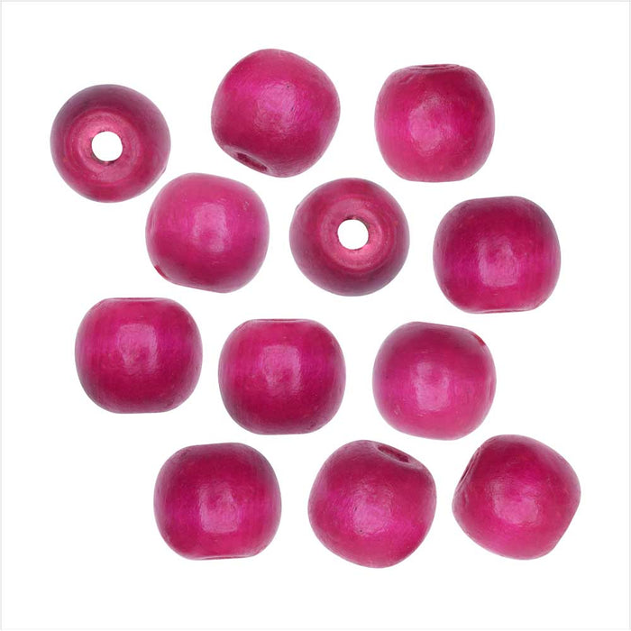 Dyed Wood Beads, Smooth Large Hole Round 16mm, Deep Pink (12 Pieces)