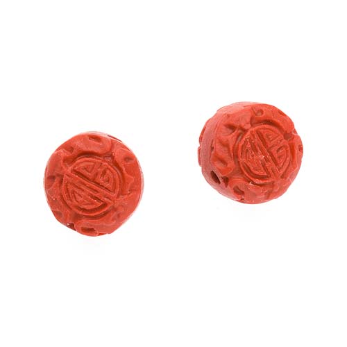 Red Cinnabar Round Disc Focal Beads 13mm Good Luck Design (2 pcs)