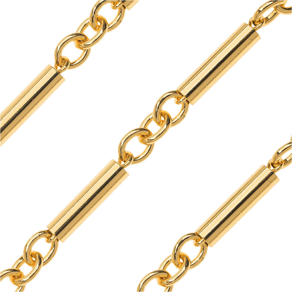 Gold Plated Long & Short Beaded Chain, Long Tube Links, 5x12mm, by the ...