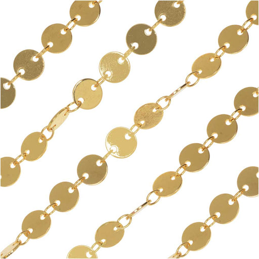 Gold Plated Sequin Round Disc Chain, 6mms, by the Foot, Gold Plated