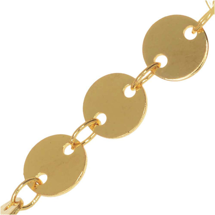 Gold Plated Sequin Round Disc Chain, 6mms, by the Foot, Gold Plated