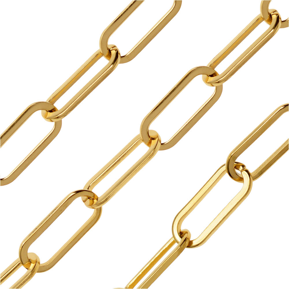 Gold Tone Paperclip Cable Chain, Flat Elongated Circle 16x6.5mm, by the Foot