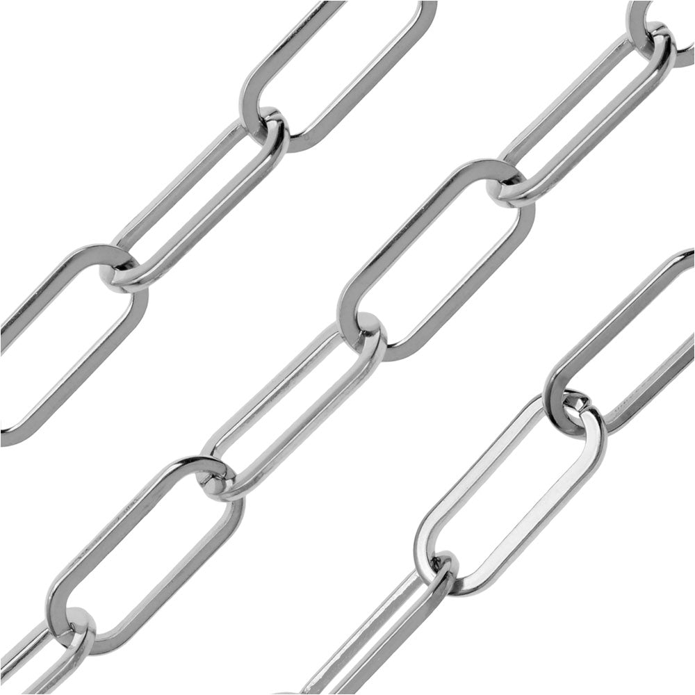 Silver Tone Paperclip Cable Chain, Flat Elongated Circle 16x6.5mm,By the Foot