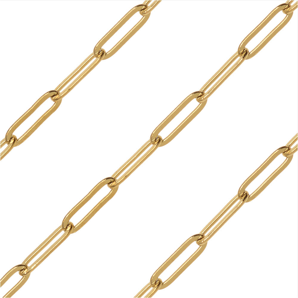 Gold Tone Paperclip Cable Chain, Flat Elongated Circle 10x3.5mm, by the Foot
