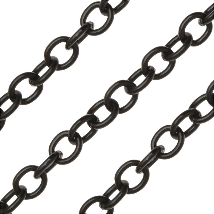 Matte Black Plated Cable Chain, Oval 8x7mm, by the Foot