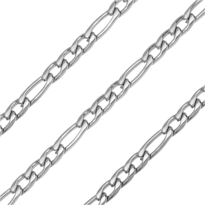 Stainless Steel Figaro Chain, Flat 3:1 Links 10.5x4.5mm, by the Foot