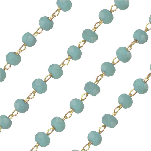 Zola Elements Beaded Chain, Gold Tone/Matte Turquoise Faceted Rondelles 2x3mm , by the Foot