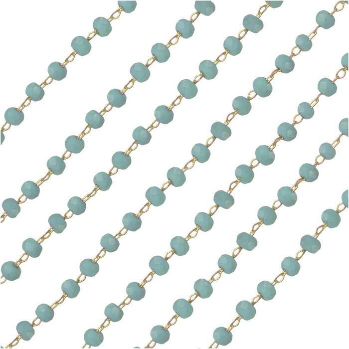 Zola Elements Beaded Chain, Gold Tone/Matte Turquoise Faceted Rondelles 2x3mm , by the Foot